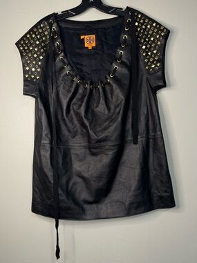 Tory Burch Black Leather Top with Gold Stud Accents